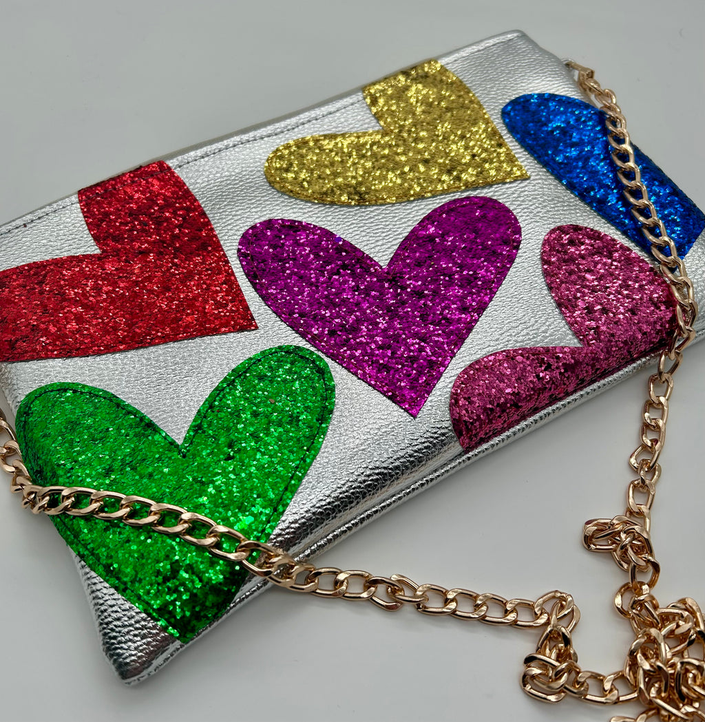 Silver metallic embellished glitter heart bag