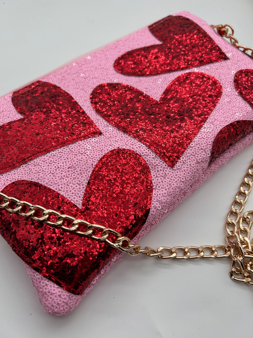 Pink sequin and red heart glitter bag
