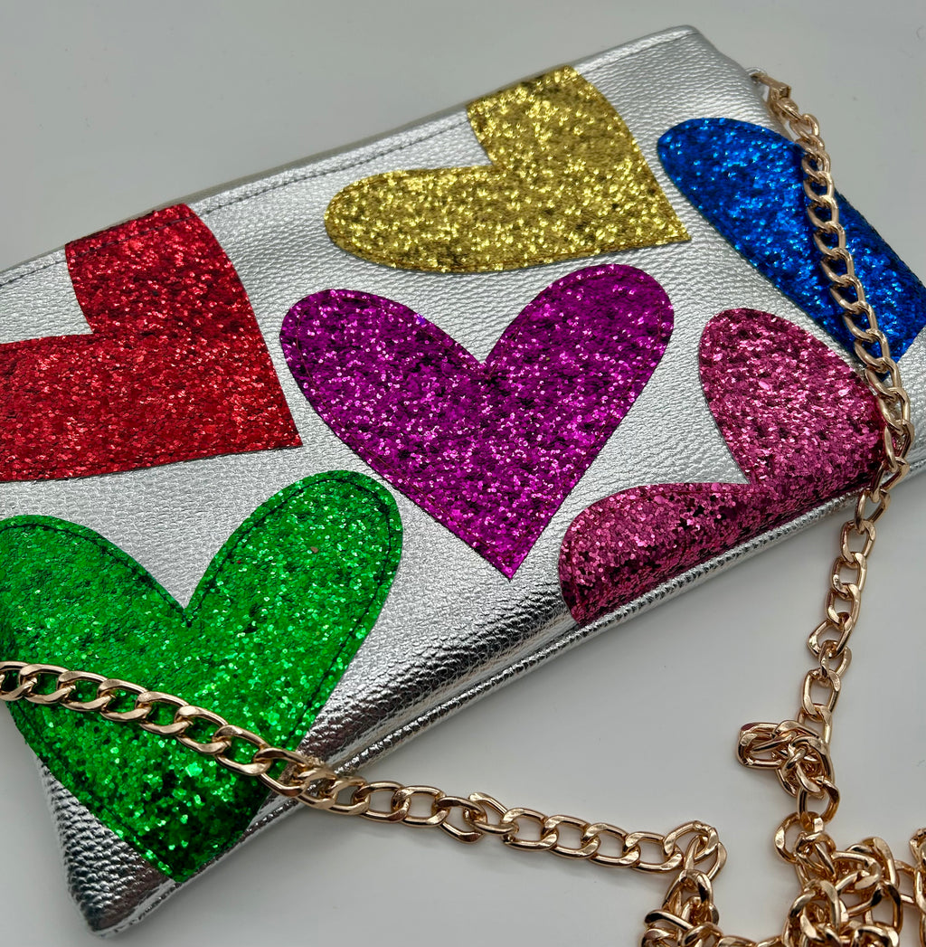 Silver metallic embellished glitter heart bag