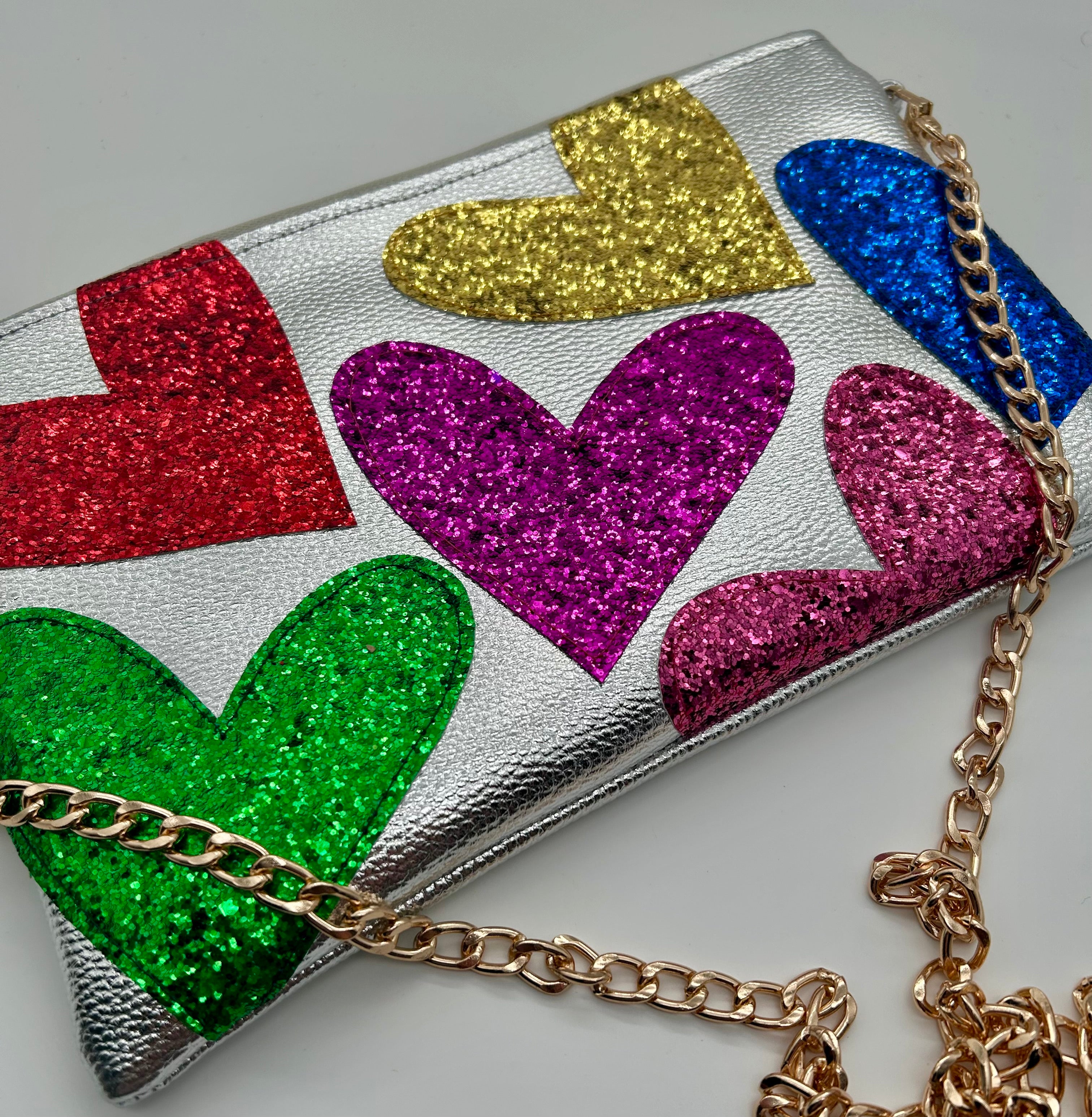 Silver metallic embellished glitter heart bag