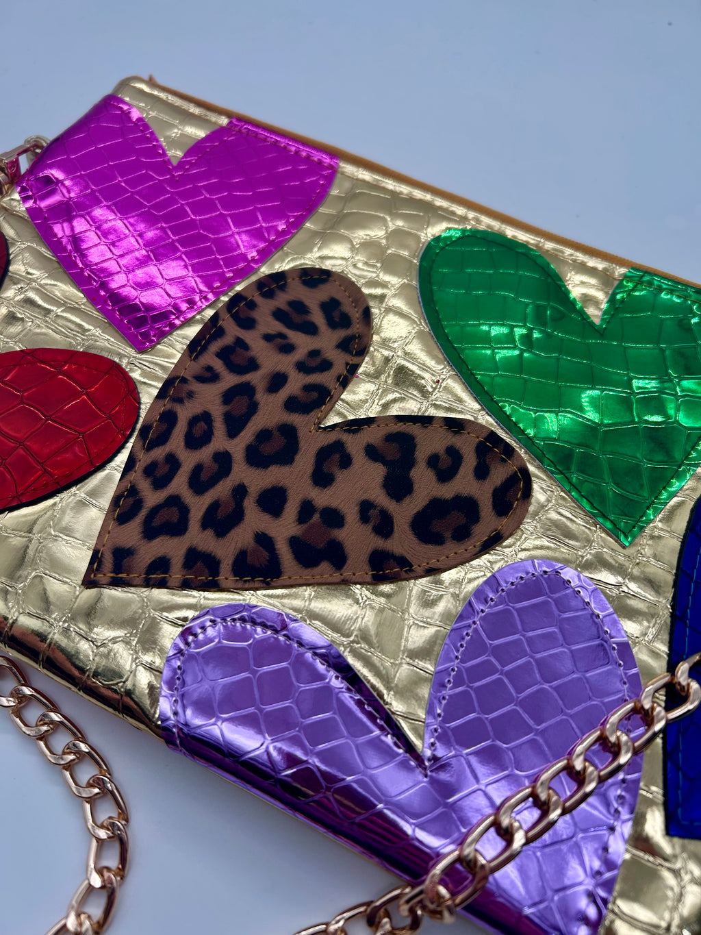 Gold embellished moc croc heart bag
